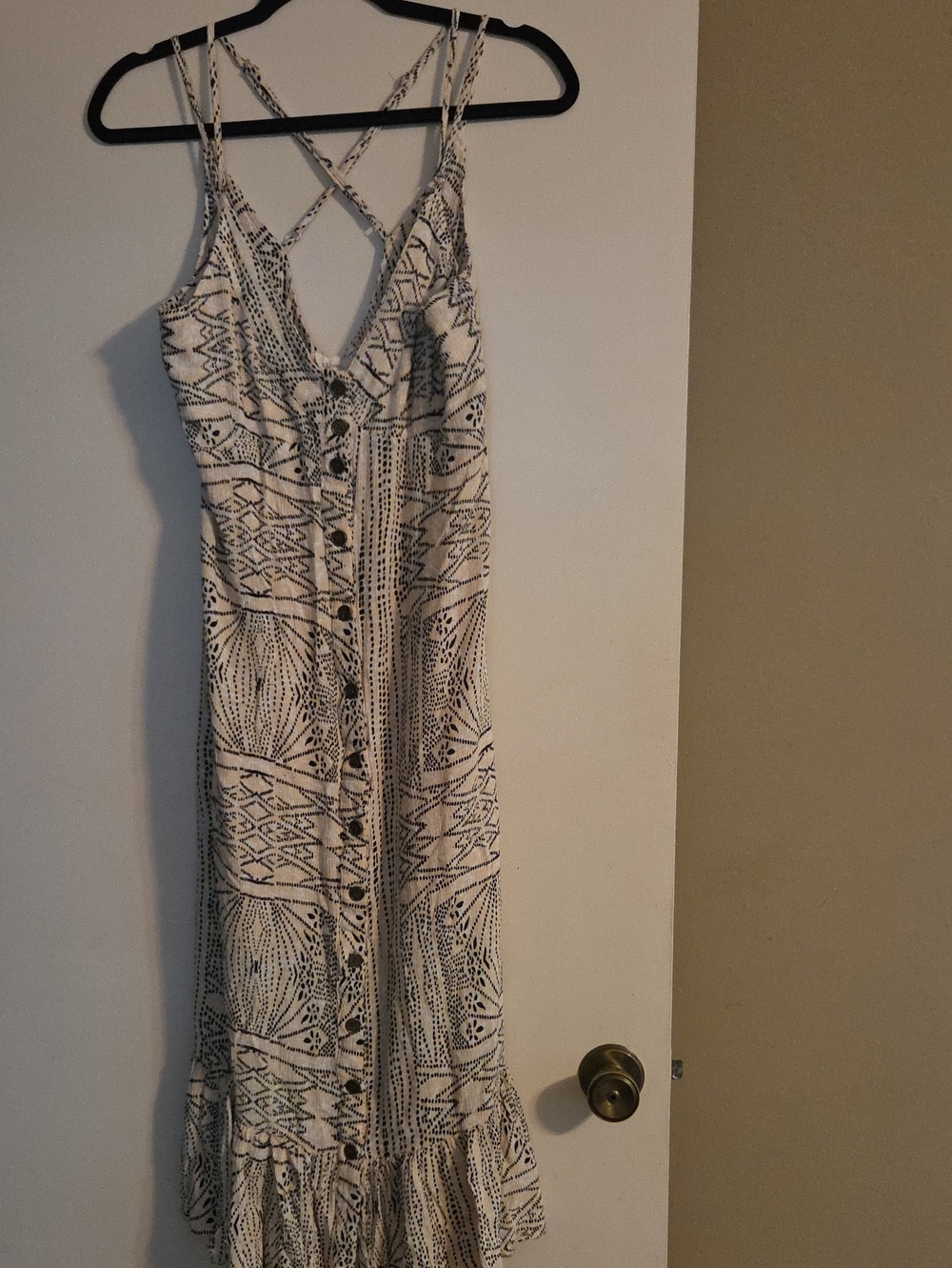 Millibon Cream Maxi Dress with Black Geometric Print and Crisscross Straps